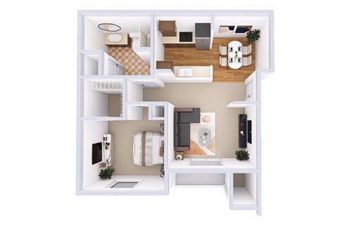 A top-down view of a small apartment with a kitchen, living room, and bedroom.