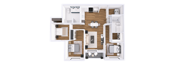 A detailed 3D floor plan of a house layout.