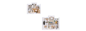 Two images of a dollhouse apartment with furniture and decor.
