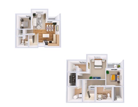 Two images of a dollhouse apartment with furniture and decor.
