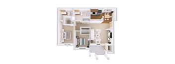A 3D floor plan of a house with a kitchen, living room, and bathroom.