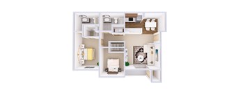 A white dollhouse with a kitchen, living room, and bathroom.