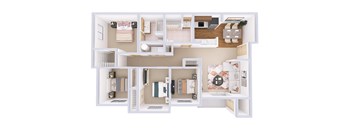 A white dollhouse with a kitchen, living room, and bedroom.