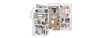 A white and wood floor plan of a small apartment with a kitchen, living room, and bedroom.