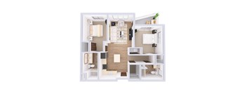 A 3D floor plan of a small apartment with a kitchen, living room, and bathroom.