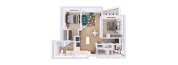 A 3D floor plan of a house with a kitchen, living room, and bedrooms.