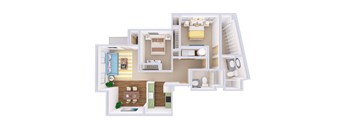 A 3D floor plan of a house with a kitchen, living room, and bathroom.