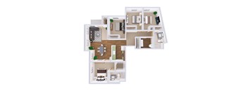 A 3D floor plan of a house with a kitchen, living room, and two bedrooms.