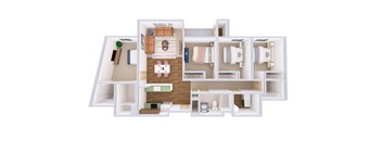 A white dollhouse with a kitchen, living room, and bedrooms.