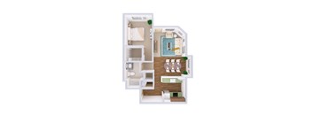 A 3D floor plan of a small apartment with a kitchen, living room, and bathroom.