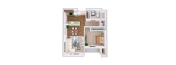 A 3D floor plan of a small apartment with a kitchen, living room, and bathroom.