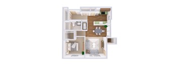 A 3D floor plan of a small apartment with a kitchen, living room, and bathroom.