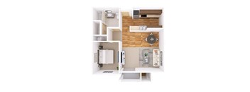 A top down view of a small apartment with a kitchen, living room and bathroom.