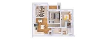 A white dollhouse with a brown wood panel on the wall.