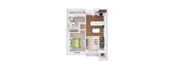 A white floor plan of a small apartment with a bedroom, living room, and kitchen.