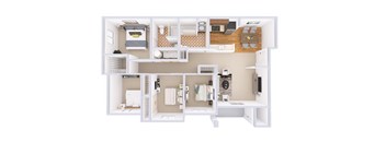 A white floor plan of a house with a kitchen, living room, and bathroom.