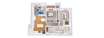 A 3D floor plan of a small apartment with a kitchen, living room, and bedroom.