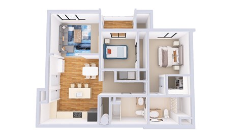 A 3D floor plan of a small apartment with a kitchen, living room, and bedroom.
