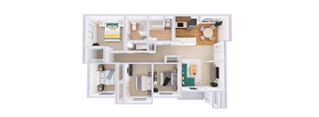 A white dollhouse with a kitchen, living room, and bedroom.
