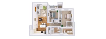A 3D floor plan of a house with a kitchen, living room, and bedrooms.