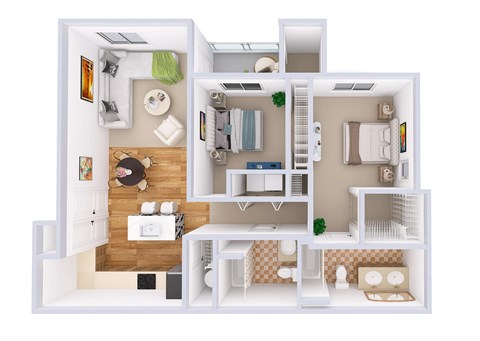 A 3D floor plan of a house with a kitchen, living room, and bedrooms.