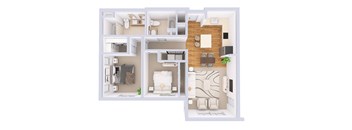 A white floor plan of a house with a kitchen, living room, and bedrooms.