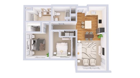 A white floor plan of a house with a kitchen, living room, and bedrooms.