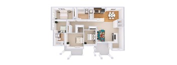 A white floor plan of a house with a kitchen, living room, and two bedrooms.