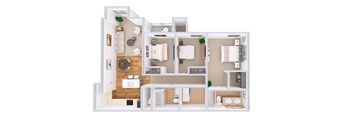 A top-down view of a small apartment with a kitchen, living room, and bedroom.