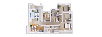 A 3D floor plan of a house with multiple rooms and furniture.
