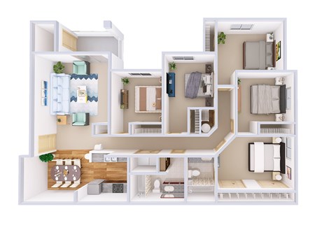 A 3D floor plan of a house with multiple rooms and furniture.