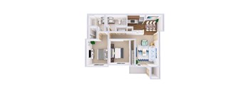 A 3D floor plan of a small apartment with a kitchen, living room, and bathroom.