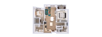 A 3D floor plan of a small apartment with a kitchen, living room, and bedroom.