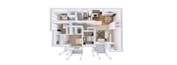 A white 3D model of a house with multiple rooms.