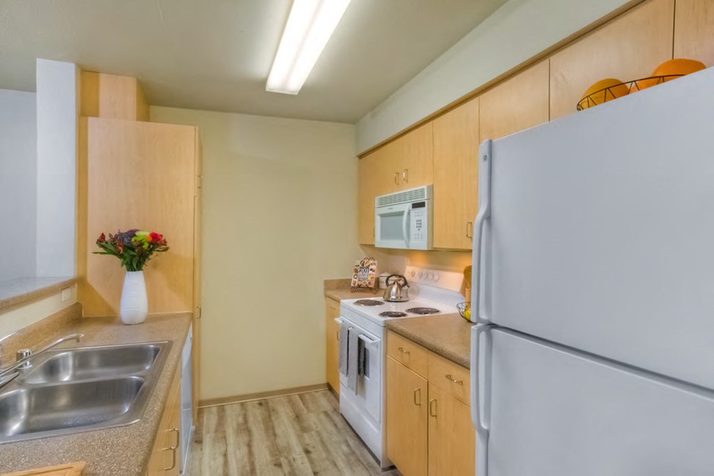 a kitchen with a stove refrigerator and sink