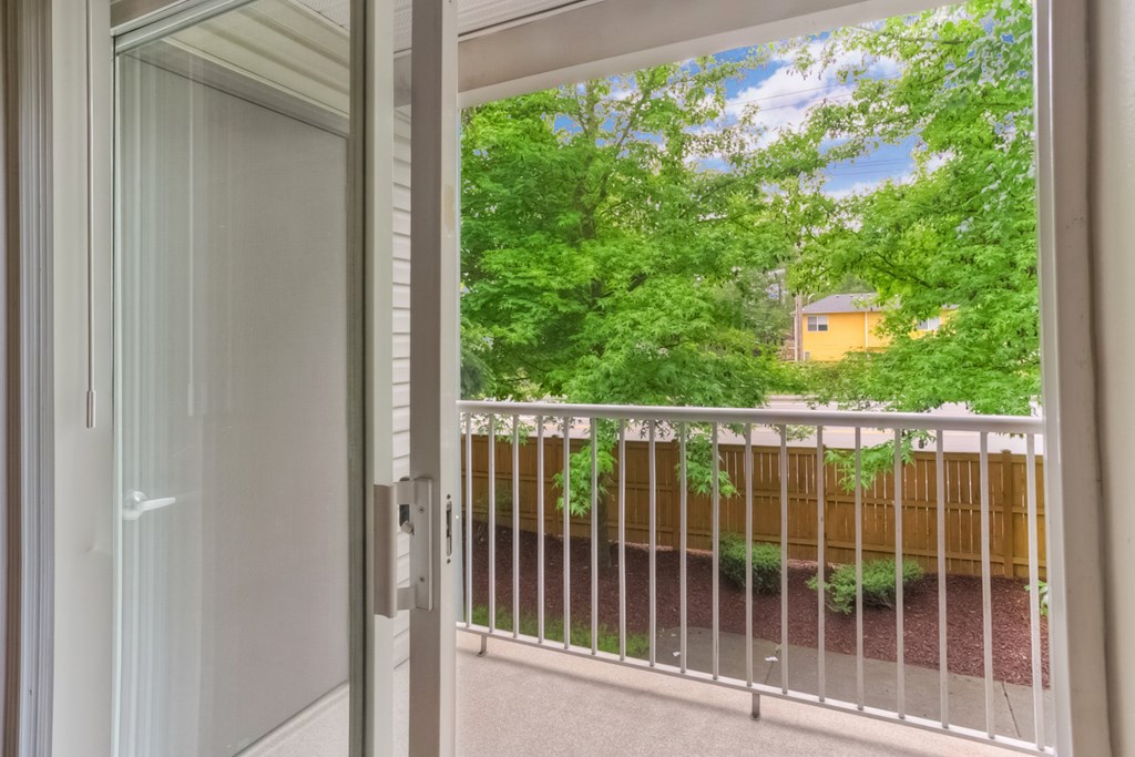 A view from inside a room looking out to a green yard.