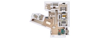 A top-down view of a house layout with a kitchen, living room, and two bedrooms.