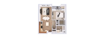 A 3D floor plan of a small apartment with a kitchen, living room, and bedroom.