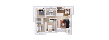 A 3D floor plan of a house showing a living room, kitchen, and two bedrooms.