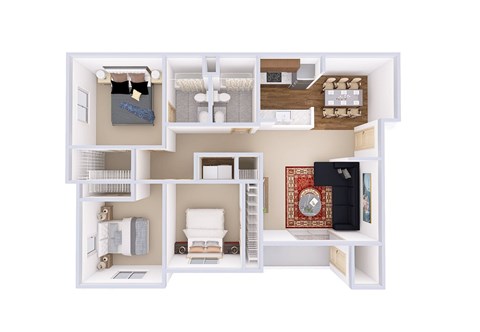 A 3D floor plan of a house showing a living room, kitchen, and two bedrooms.