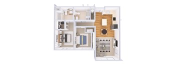 A white floor plan of a house with a kitchen, living room, and bathroom.