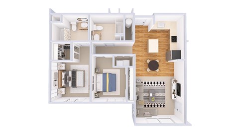 A white floor plan of a house with a kitchen, living room, and bathroom.