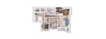 A detailed 3D floor plan of a small apartment.