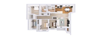 A top-down view of a small apartment with a kitchen, living room, and bedroom.