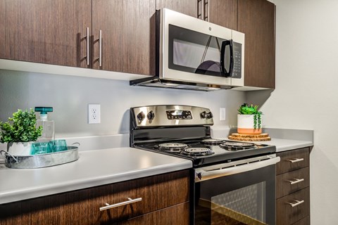 our apartments have a modern kitchen with stainless steel appliances and a microwave