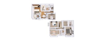 A floor plan of a two-bedroom apartment with a kitchen and living room.