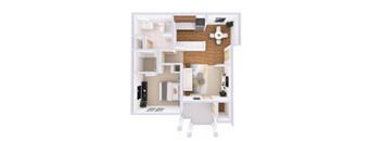 A white and wood floor plan of a small apartment.