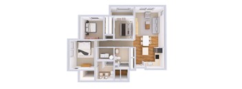 A 3D rendered image of a house layout.