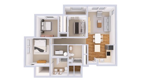 A 3D rendered image of a house layout.