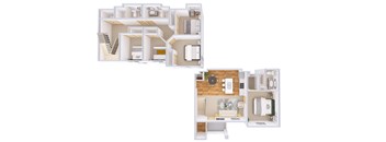 A floor plan of a two-story apartment with a living room, kitchen, and bedrooms.